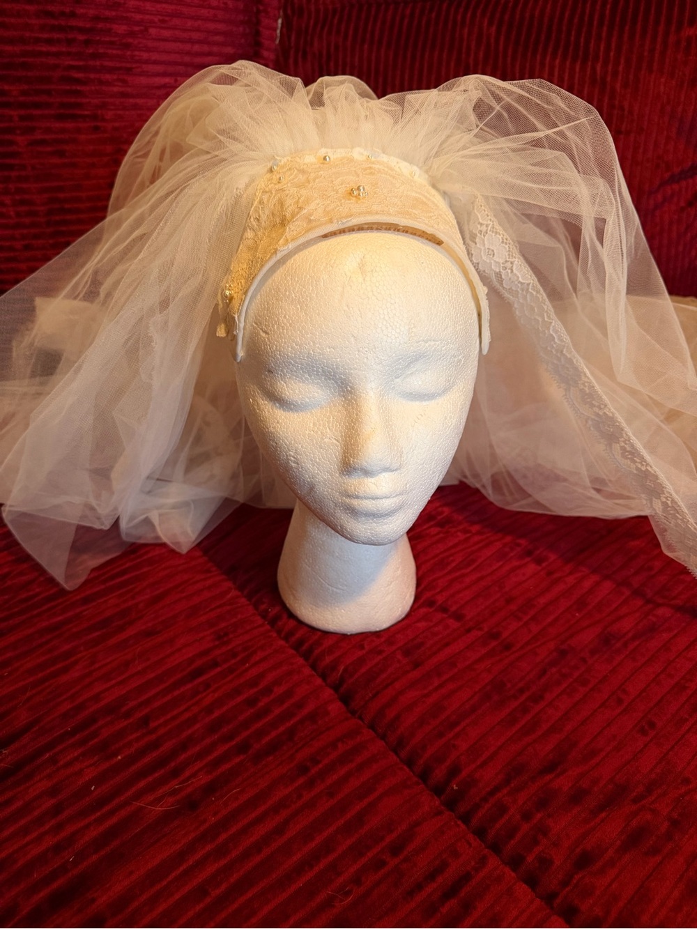 Ivory Bridal Veil Headband with Lace and Bead Accents